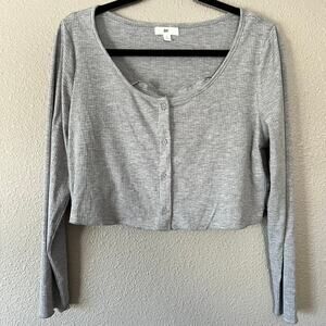 BP. Grey Ribbed Button Front Cropped Long Sleeve Top With Undershirt Cami Large
